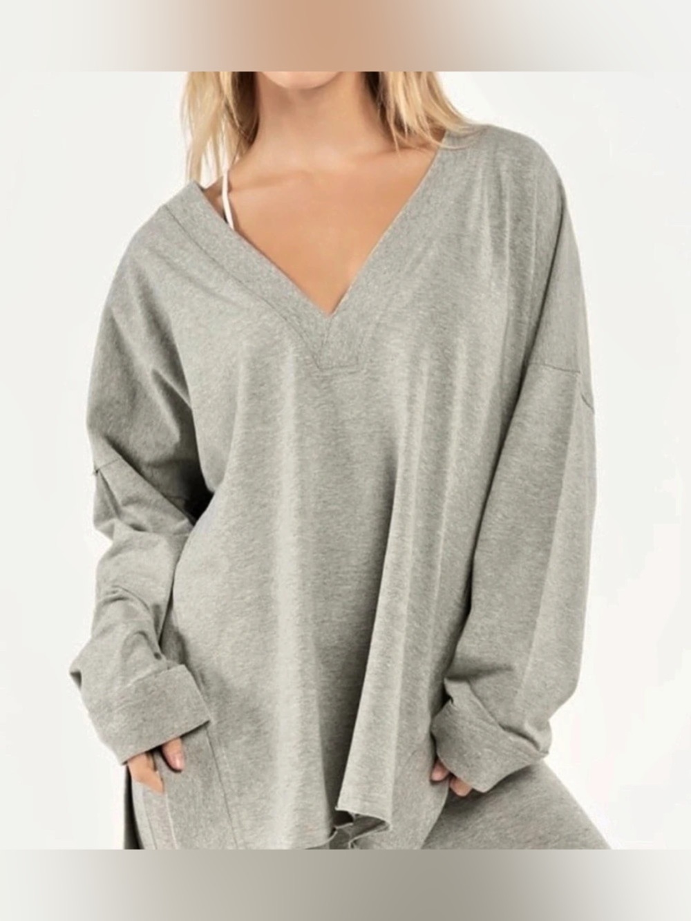 Free People Movement Gray V-Neck Side Slit Pullover - Size L